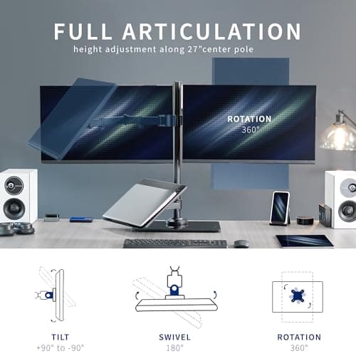 VIVO Freestanding Dual Computer Monitor and Laptop Combo Desk Stand with Glass Base, Fits up to 32 inch Monitors and 17 inch Laptops, Black, STAND-V003FGL 5