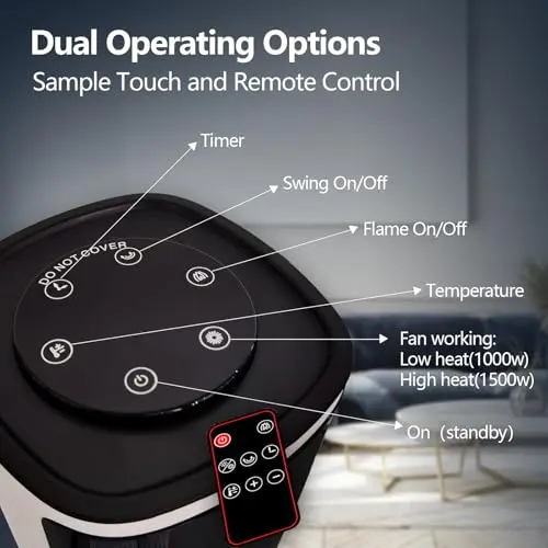 HINEIBER 750W/1500W Ceramic Tower Space Heater with 3D Flame, Electric Heater with 65° Oscillation, Adjustable Thermostat and Remote Control, 12H Timer, Overheat Protection for Bedroom Office 6