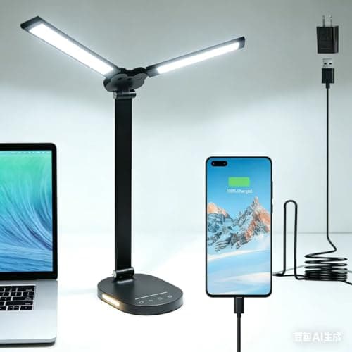 LED Desk Lamps for Home Office, 14W Bright Double Swing Arm LED Desk Lamp with USB Charging Port, Eye-Caring Task Lamp, Desktop Lamp with Night Light Table Read Light for Bedroom Work Study Craft