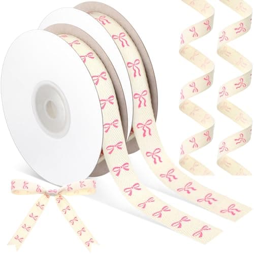 Wavwavw 20 Yards Pink Bow Ribbon, Natural 5/8 Inch 100% Cotton Herringbone Twill Fabric Ribbon Decorations for Crafts Gifts Wrapping, 2 Rolls