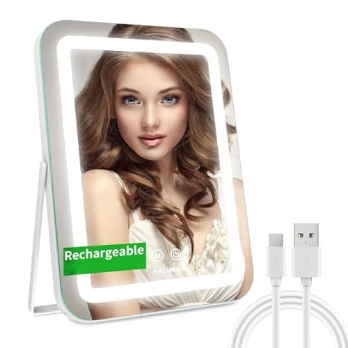 halumao 14.5" Rechargeable Vanity Mirror with Lights, 3500 mAh Lighted Makeup Mirror, Smart Touch 3 Colors Dimmable, Tabletop Mirror for Makeup Desk, Memory Function