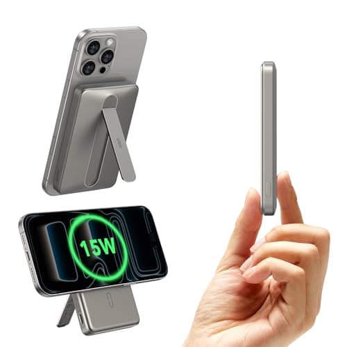 ESR for MagSafe Power Bank, Kickstand 5,000mAh MagSafe Portable Charger 0.6 in,15W Ultra-Fast Battery Pack, 20W USB-C MagSlim Charger with Cable for iPhone 17/16/15/14/13/12, Titanium