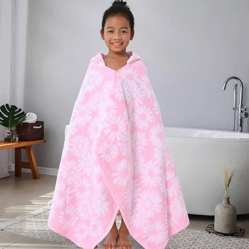 Hooded Bath Towels for Kids (3-10Years) - Soft, Absorbent Turkish Cotton Thick Pool Towels with Hood for Toddler,Perfect for Bath | Beach | Pool | Swim, Jacquard, Pink with White Daisys Theme 6