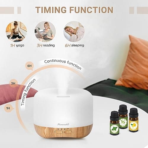 Homeweeks 300ml Essential Oil Diffuser, Quiet Aromatherapy Mist Diffusers for Essential Oils, Wood Grain, Ultrasonic, Remote Control, Timer, 7 Colors Light for Bedroom (300ml) 7