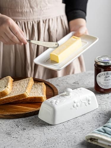 YHOJOY Butter Dish with Lid for Countertop, Ceramic Butter Dish with Knob Handle, Large Butter Holder Container for East West Coast Butter Storage, Cherry 6