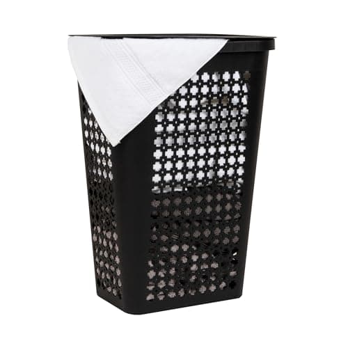 Mind Reader Slim Tapered Laundry Hamper with Lid, Clothes Basket with Swiss Cross Cut-Outs, Lightweight & Ventilated, Plastic, 16.75"L x 12.75"W x 23"H, Black