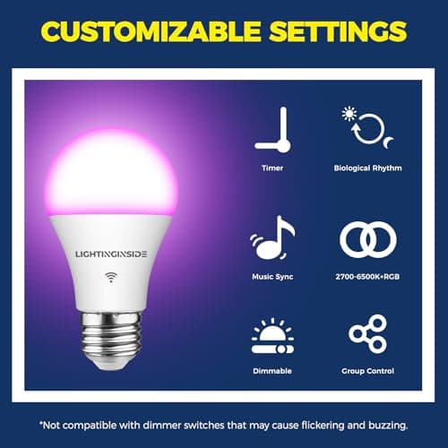 Lightinginside Smart Light Bulbs 6 Pack, Smart Bulb Works with Alexa/Google Home/SmartLife, CRI>90, RGBCW Color Changing LED Light Bulbs, 2.4G WiFi Bluetooth A19 E26 Bulb, No Hub Required, ETL Listed 6