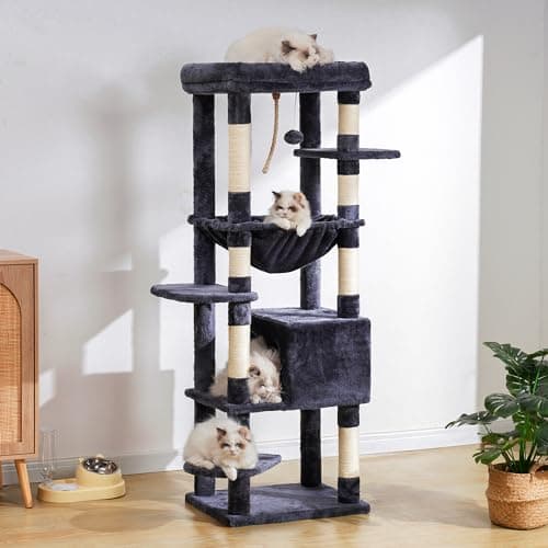 Heybly Cat Tree for Large Cats 20lbs Heavy Duty, 60 inches XXL Cat Tower for Indoor Cats, Multi-Level Furniture Condo with Big Padded Plush Perch, Cozy Basket, Smoky Gray HCT050G 6