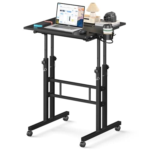 Enayplon Small Standing Desk with Wheels, Mobile Stand Up Desk, Portable Standing Table on Wheels for Walking Pad, Rolling Computer Desk Adjustable Height, Tall Table
