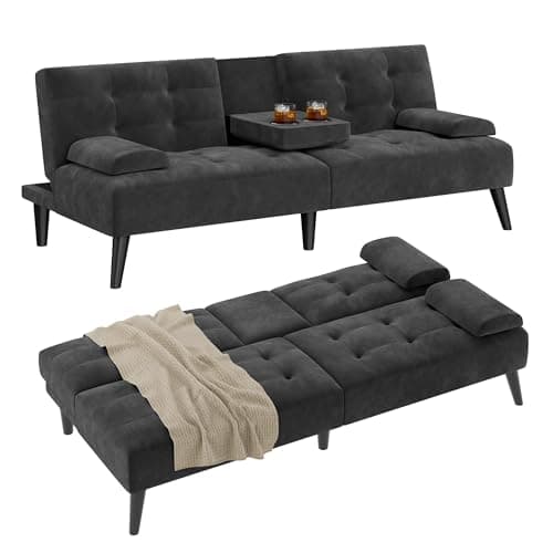 Shintenchi Futon Sofa Bed, Velvet Foldable Couch Reclining Sleeper w/Removable Armrests, Upholstered Loveseat w/Folding Cup Holders for Home, Office, Black