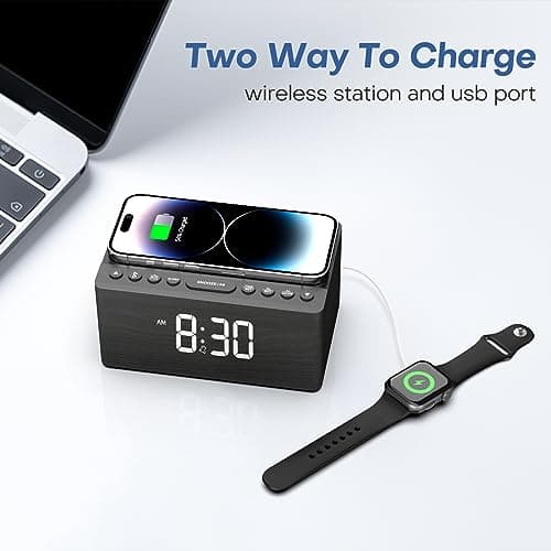 ANJANK Wooden Bluetooth Speaker, Alarm Clock with FM Radio, Qi Certified Fast Wireless Charging Station for iPhone/Samsung, USB Charger Port, Dimmable Display, Digital Wood Clock for Bedroom, Bedside 5