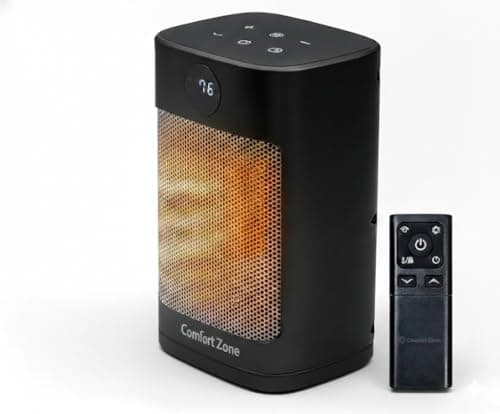 Comfort Zone 1500W Oscillating Desktop Heater – Portable Ceramic Space Heater with Remote, Digital Thermostat (50°F-90°F), ECO Mode, 12-Hour Timer, Child Lock & Stay-Cool Housing – Black