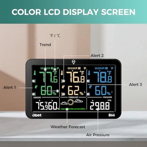 OBET Weather Station Wireless Indoor Outdoor Thermometer Wireless, Color Display Digital Temperature and Humidity Monitor with 3 Sensors, Alerts, Adjustable Backlight, USB Port (500 Feet) 7
