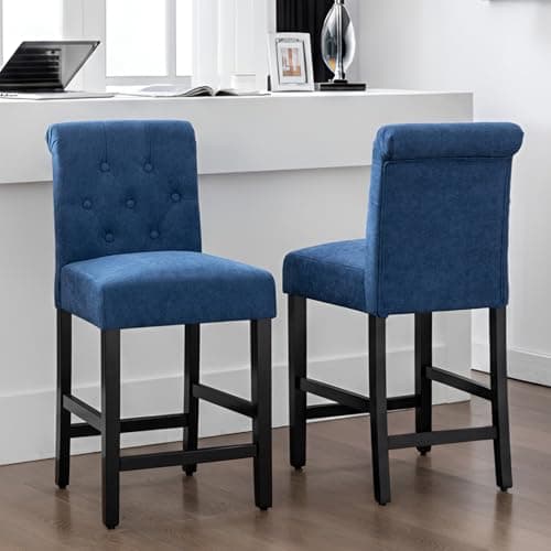LSSBOUGHT 24 Inches Upholstered Counter Stools, Bar Stools Set of 2, Fabric Counter Stools with Back, Counter Height Bar Chairs with Solid Wood Legs for Home Kitchen Island Dining Room, (2pcs,Blue)