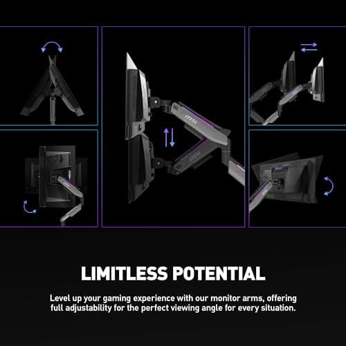 MSI MPG MT201DR - Premium RGB Dual Monitor Stand Arms, 17-35" Support, VESA Compatible, Adjustable Heavy Duty Gas Spring Mount, 44 lbs per Screen Capacity, Clamp & Grommet, Quick Release Plate - Gray 9