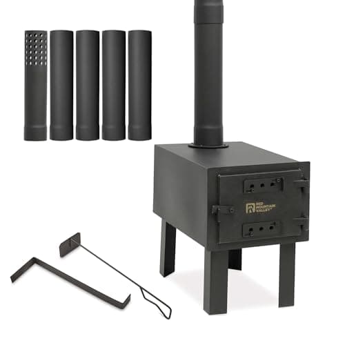 Red Mountain Valley Outdoor Camping Wood Stove, Portable Hot Wood Burning Tent stove with 5-Section Chimney and 2 Dual Rakes, small rv cast iron wood stove, ideal for hunting and camping