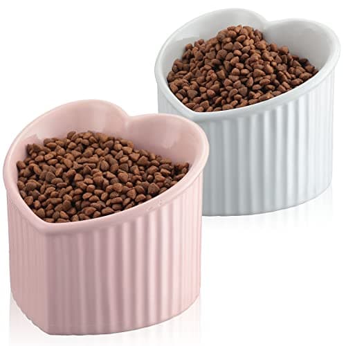 Mumufy 2 Pcs Ceramic Elevated Cat Bowls Tilted Elevated Raised Pet Bowls Anti Vomit Cat Dish for Indoor Stress Free Water Dish Feeder for Puppies, Heart Shaped(Pink, White)