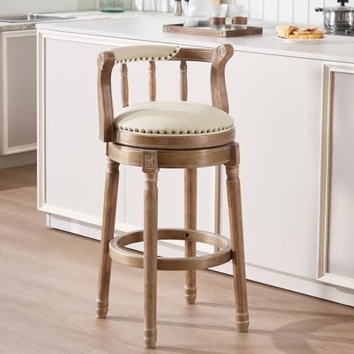 RAINMOOD Bar Stools Swivel Genuine Beige Leather Counter Wooden Bartool with Footrest for Kitchen Dining Room Living Room