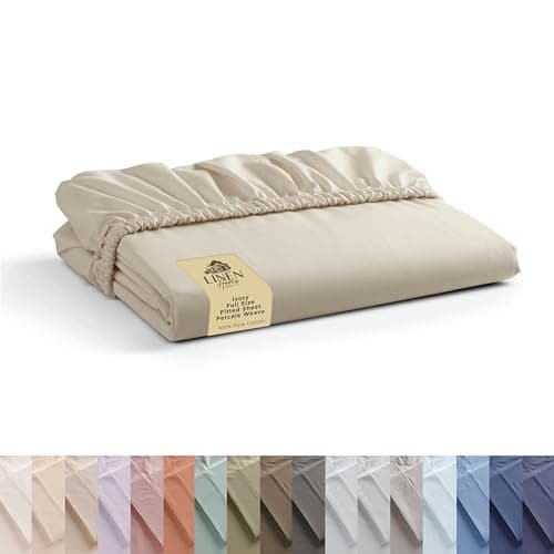 Linen Home 100% Cotton Percale Weave Fitted Sheet Full Size, Ivory, Deep Pocket Fits 16" Mattress, Crisp & Cool, Breathable for Hot Sleepers, Elastic All Around, 54"x75"+15"