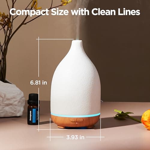 InnoGear Oil Diffuser, 150ML Ceramic Diffuser for Essential Oils Handcrafted Aromatherapy Diffuser Ultrasonic Cool Mist Humidifier with 2 Mist Modes Waterless Auto Off for Room Office, White 2