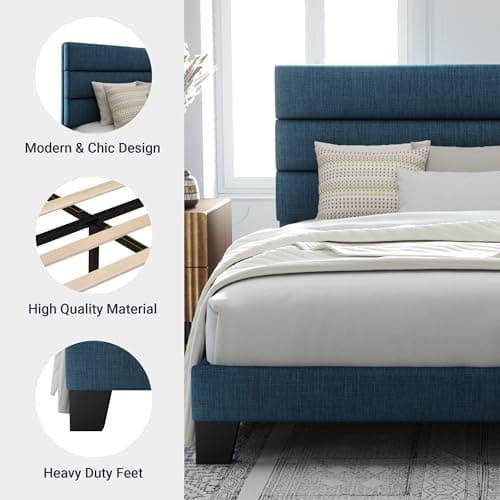 Allewie Queen Size Platform Bed Frame with Fabric Upholstered Headboard and Wooden Slats Support, Fully Upholstered Mattress Foundation/No Box Spring Needed/Easy Assembly, Navy Blue 6