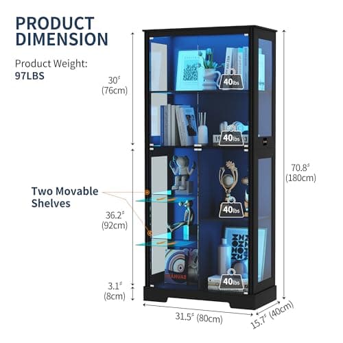 HNEBC 71'' Display Cabinet with 5-Tier and 3 Color Lights for Books Toys Liquor,Curio Cabinet with Human Body Bookcases for Bedroom, Living Room,Black 2
