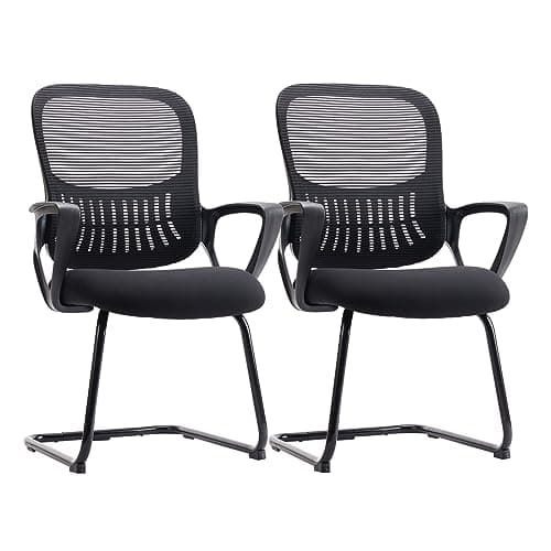 Sweetcrispy Reception Chair No Wheels, Stationary Non Rolling Mesh Mid Back Computer Guest Side with Lumbar Support for Waiting Area Reception Conference Room, Set of 2, Modern Black