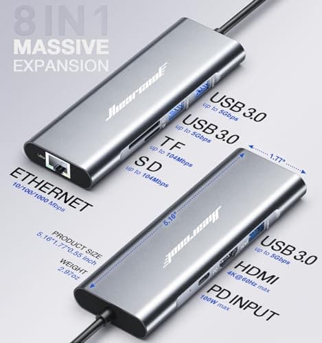 Hiearcool USB C Hub Ethernet 8-in-1, 4K@60Hz USB-C to HDMI Multiport Adapter with 1Gbps RJ45, 100W PD, 3 USB 3.0, SD/TF, Compatible for MacBook Pro/Air, Dell, Lenovo Laptops 5