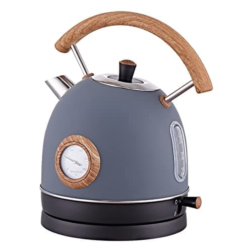 Retro Electric Kettle, 1.7L / 1500W Electric Tea Kettles for Boiling Water, Wood Pattern Handle Blue Stainless Steel Hot Water Boiler with Temperature Display, Auto Shut-off Boil-Dry Protection