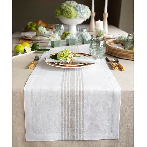 Solino Home Linen Striped Table Runner 36 Inches - 100% Pure Linen Natural and White Farmhouse Small Table Runner 14 x 36 Inch Ideal for Dresser and Coffee Tables - Spring, Easter, Mothers Day