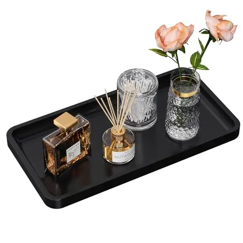 Bathroom Vanity Tray for Countertop - Bamboo Organizer Tray for Dresser Tops, Toilet, Perfume Small Decorative Wood Tray for Home Decoration 11.4” L x 6.1” W x 0.7” H (Black)