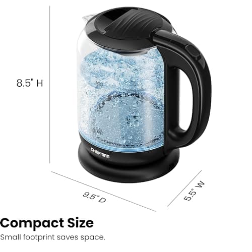 Chefman 1.7 Liter Electric Glass Tea Kettle, Fast Hot Water Boiler, One Touch Operation, Boils 7 Cups, Swivel Base & Cordless Pouring, Auto Shut-Off 10