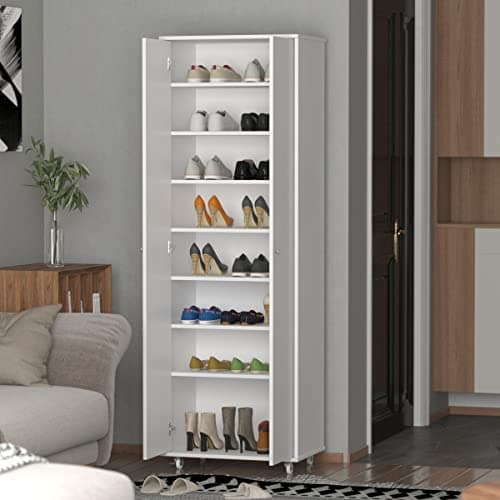AIEGLE Tall Shoe Rack with Doors & Wheels, Entryway Shoe Cabinet with 8-Tier Shelf, Wood Shoe Storage Organizer for Entryway, White (23.6" W x 15.7" D x 70.9" H)
