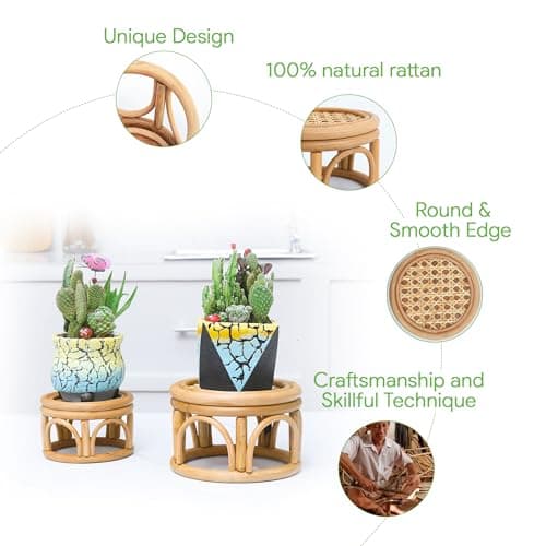 Set of 2 Small Boho Rattan Wicker Round Riser Plant Stand Indoor,Rustic Farmhouse Natural Wooden Circle Pedestal for Decor & Display, Tabletop, Office Decor 6