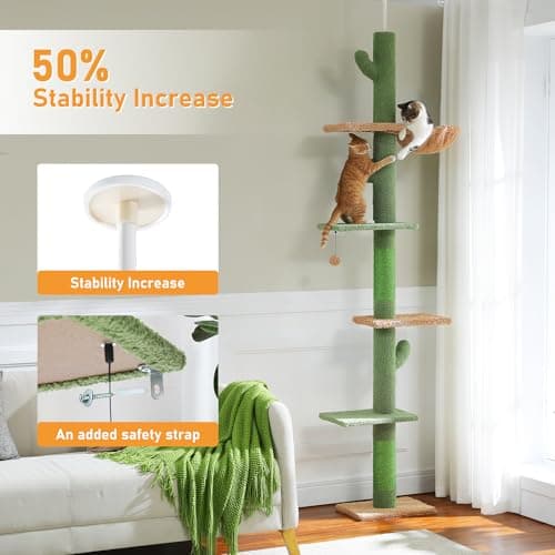 PAWZ Road Cat Tree, Cactus Floor to Ceiling Cat Tower with Adjustable Height(95-108 Inches), 5 Level Cat Climbing Tower with Cozy Hammock, Platforms and Dangling Balls for Indoor Cats 5