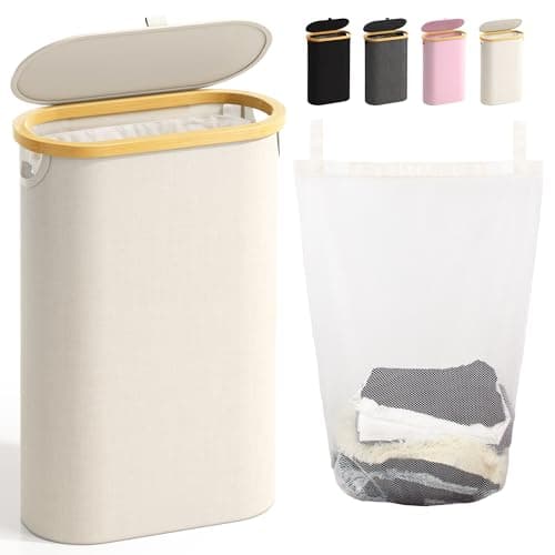 Slim Laundry Hamper with Lid, 60L Small Laundry Basket with Handles&Removable Bag, Thin Dirty Clothes Hampers for Laundry, Narrow Laundry Hampers for Bedroom Aesthetic, Beige