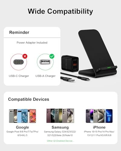 15w Android Wireless Charging Stand for Google Pixel 9 Pro XL 8 Pro 7 pro 7a 7 6 pro, QI Wireless Charger Station for Samsung Galaxy S24 S23 S25 Ultra Apple iPhone 16e 16 15 14 Power Adapter Included 7