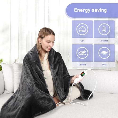 Cushious Electric Heated Blanket Throw 50''x60''Size Faux Fur Heating Blanket 10 Heating Settings, 1-8h Timer & Overheat Protection, Machine Washable, Soft Flannel and Sherpa Full Body Warmth 7