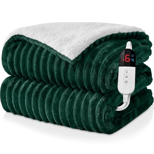 Easthome Electric Heated Throw Blanket - 50"x60" Fast Heating Bed Blankets with 6 Heating Levels & 4 Hours Auto Off, Soft Ribbed Flannel Sherpa, Over-Heated Protection ETL, Dark Green