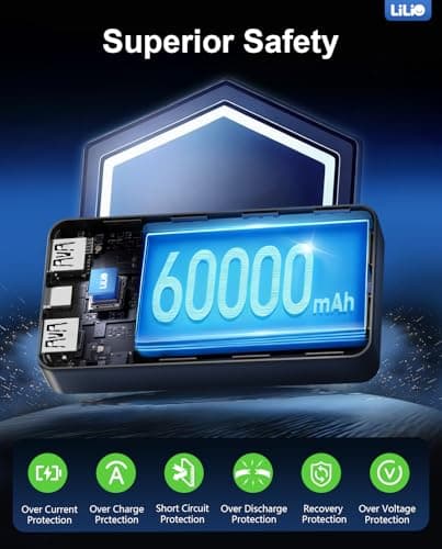 LILIO Portable Charger Power Bank，60,000mAh Battery Pack, 22.5W Power Bank Fast Charging with USB Cable, Phone Charger for iPhone 17/16/15/14/13 All Series/Samsung/Android, Camping Essentials, Black 8