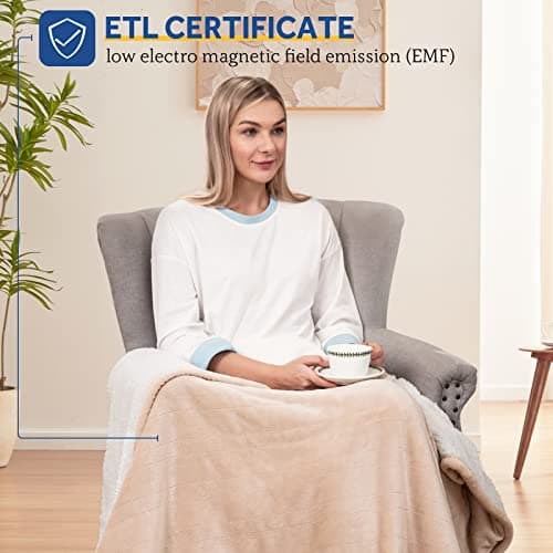 SEALY Heated Blanket Electric Throw, Flannel & Sherpa Heating Throw with 6 Heat Settings & 2-10 Hours Auto Shut Off, Fast Heating & ETL Certification, 50x60 Inch, Beige 8