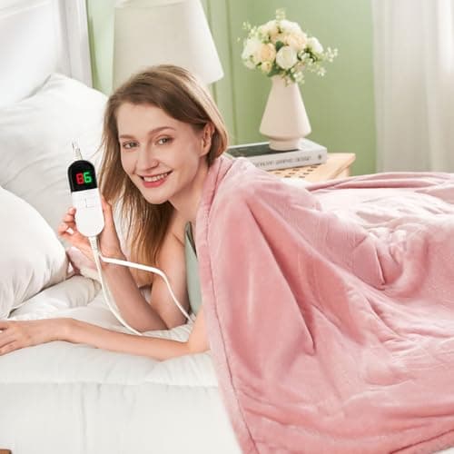 PTQ Electric Heated Blanket,Flannel & Sherpa Heated Throw Blanket 50"x60",Fast Heating Soft Fleece Blanket with 8 Heating Levels & 8H Auto Off-Pink 7