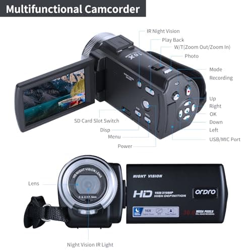 ORDRO Camcorders HDV-V12 HD 1080P Video Camera Recorder Infrared Night Vision Camera Camcorders with 16G Memory Card and 2 Batteries 6