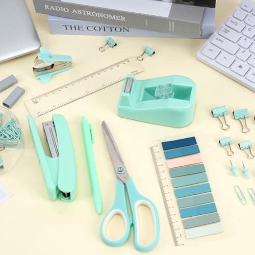 EOOUT 9pcs Teal Office Supplies Set, Teal Desk Accessories, Stapler and Tape Dispenser Set for Women with Staple Remover, Staples, Clips, Scissor and Tabs for Students, Office Clerks 7