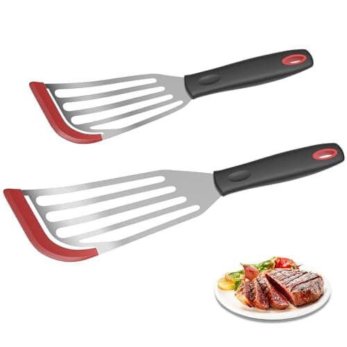 2Pack Silicone Fish Spatulas for Nonstick Cookware,Fish Turner Spatula Stainless Steel with Heat Resistant Silicone Edge,Metal Slotted Spatula for Flipping Fish Egg Patties Fries Pancake Steak (Red)