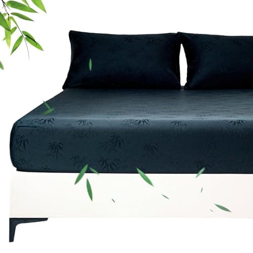 YIYEA 100% Viscose Derived from Bamboo Fitted Sheet with Pillow Cases for Hot Sleepers, 400TC Jacquard Cooling Fitted Bottom Sheet, 16" Deep Pocket, Silky Soft and Breathable, King, Black