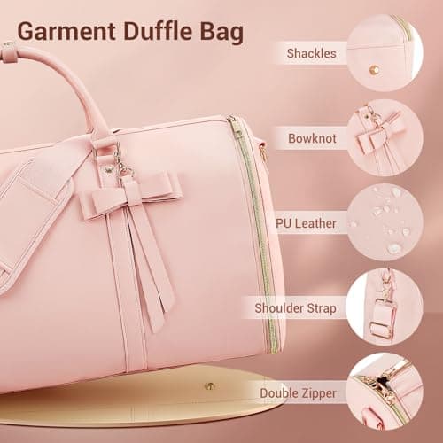 Garment Bags for Travel, Convertible Suit Travel Bag for Women, Stylish Carry On Garment Bag with Toiletry Pocket, Shoulder Strap and Shoes Compartment, 2 in 1 Foldable PU Leather Duffle Bag, Pink 3