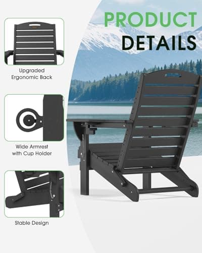 SUUNYN Folding Adirondack Chair HDPE All-Weather Adirondack Chairs with Cup Holder, Outdoor Fire Pit Chairs Lawn Chair for Deck Patio Garden (Black) 7