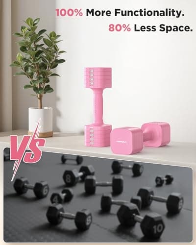 FEIERDUN 5-in-1 Adjustable Dumbbell Set of 2, 12LBS/6LBS Hand Weights for Women, 1s-Adjust Dual-Stable Dumbbell Set for Women Home Gym & Outdoor, Pink 5