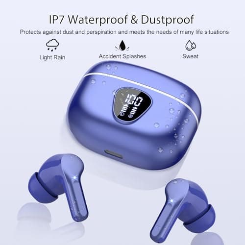Wireless Earbuds, Bluetooth 5.4 Headphones HiFi Stereo, Bluetooth Earbuds with ENC Noise Cancelling Mic, IP7 Waterproof in Ear Earphones, 48H, LED Display Ear Buds for Pad Phones Workout Sports, Blue 7